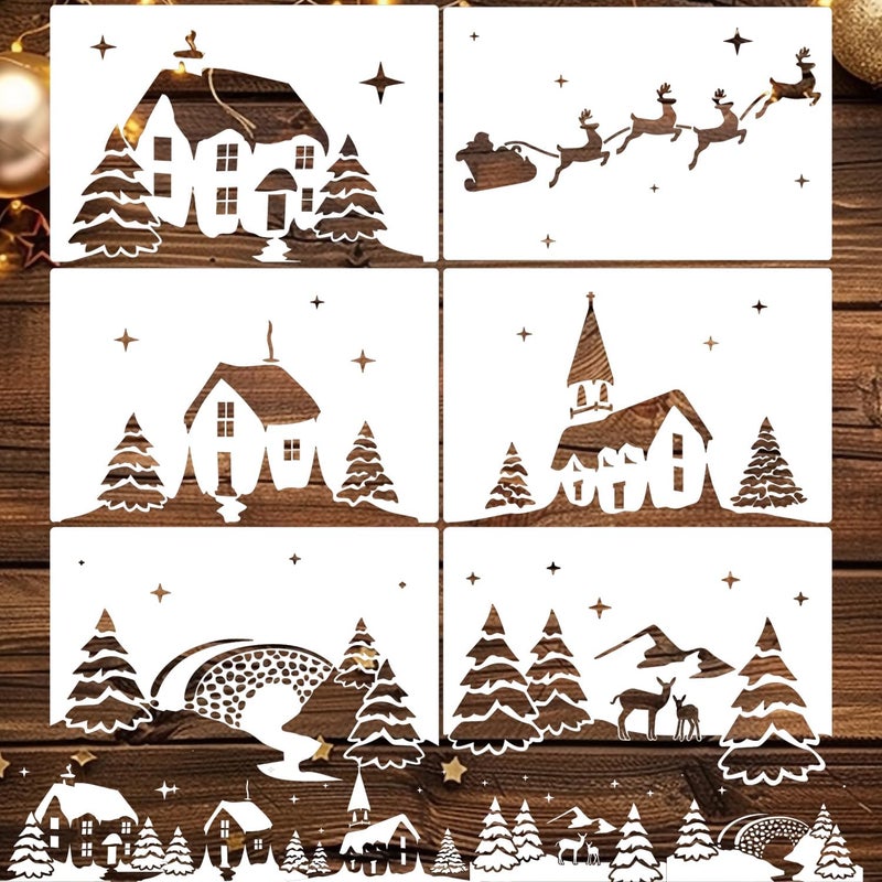 SUNVERSE Christmas Stencils for Window Glass Large Christmas Window Stencil Reusable 58.5” Winter Forest House Village Holiday Stencils for Painting on Window Glass Wall Doormat Wood - Image 1